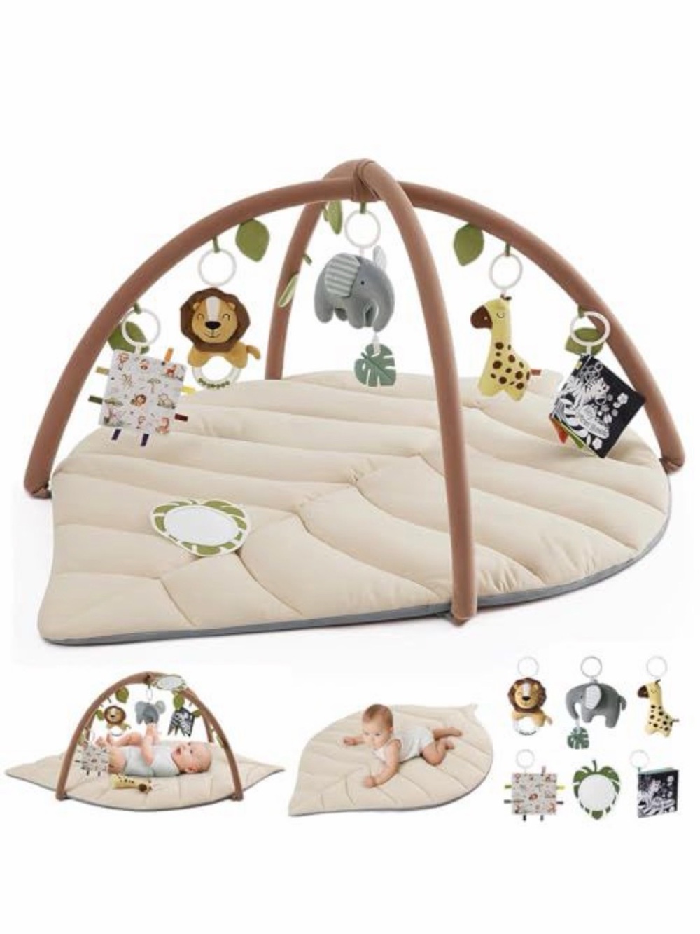 Cream & Brown Baby Play Gym with Hanging Safari Toys
